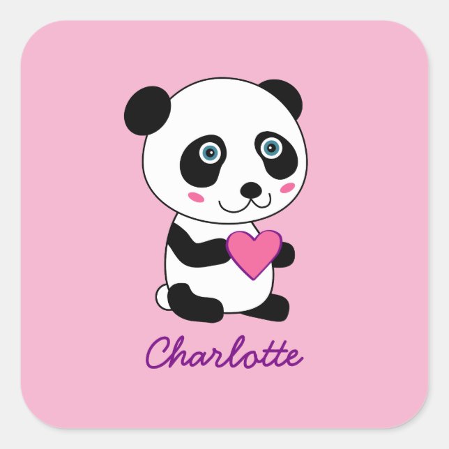 Cute Panda with a Pink Heart Personalized Name Square Sticker (Front)