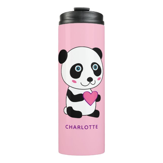 Cute Panda with a Pink Heart Personalized Name  Thermal Tumbler (Front)