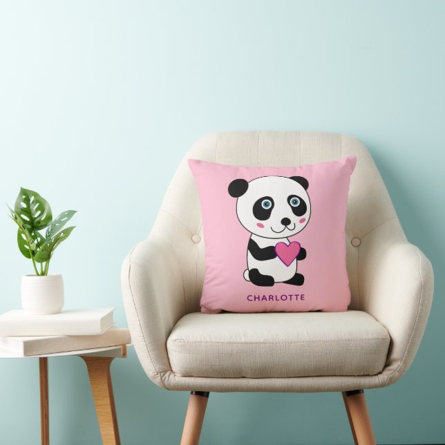 Cute Panda with a Pink Heart Personalized Name  Throw Pillow (Chair)