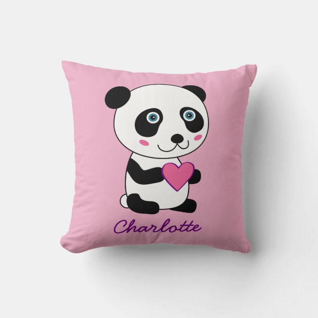 Cute Panda with a Pink Heart Personalized Name Throw Pillow (Front)