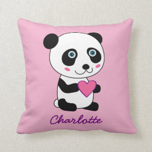 Cute Panda with a Pink Heart Personalized Name Throw Pillow