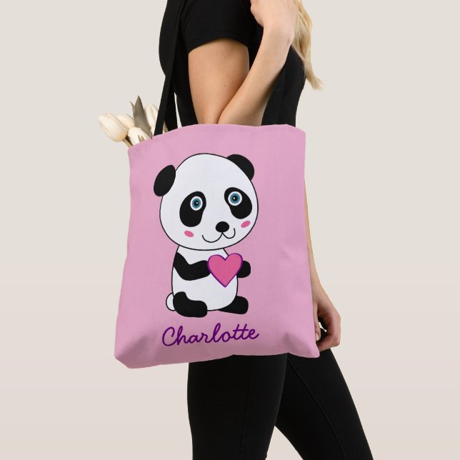 Cute Panda with a Pink Heart Personalized Name  Tote Bag (Close Up)