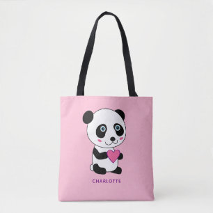 Cute Panda with a Pink Heart Personalized Name Tote Bag