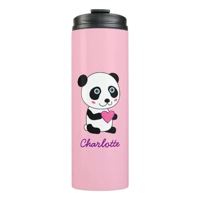 Cute Panda with a Pink Heart Personalized Thermal Tumbler (Front)