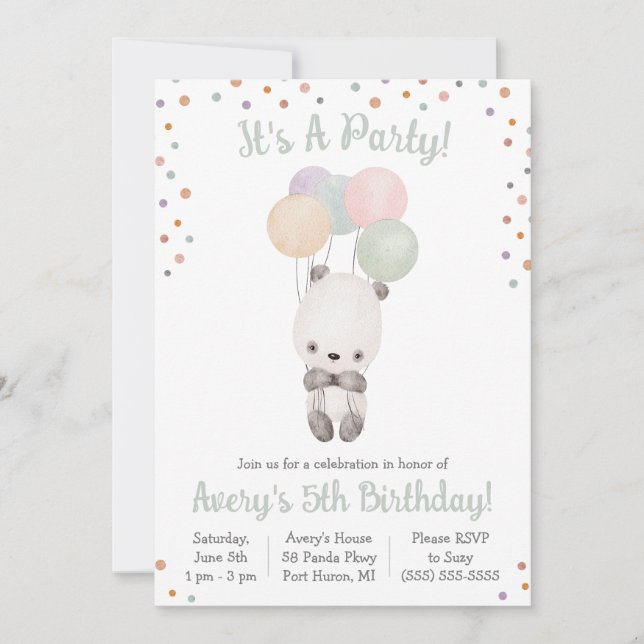 Cute Panda with Balloons Birthday Party Invitation (Front)