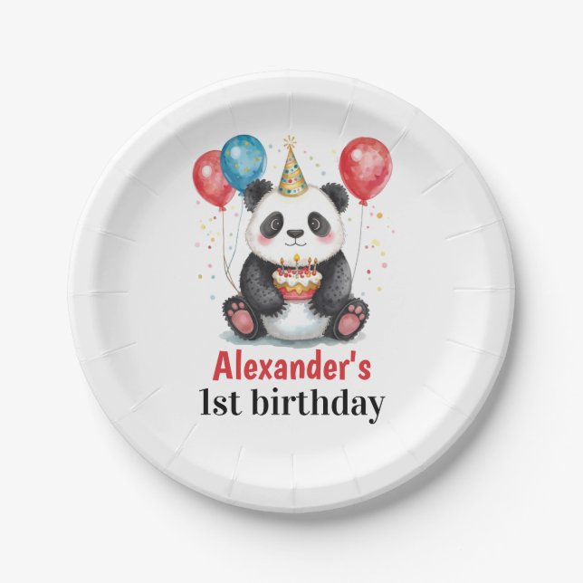 Cute Panda with Balloons & Cake 1st birthday Paper Plate (Front)