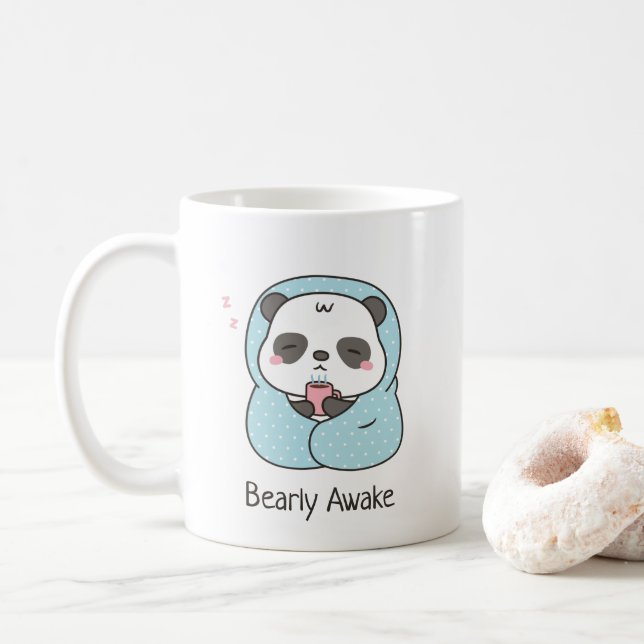 Cute Panda With Blanket Bearly Awake Pun Coffee Mug (With Donut)
