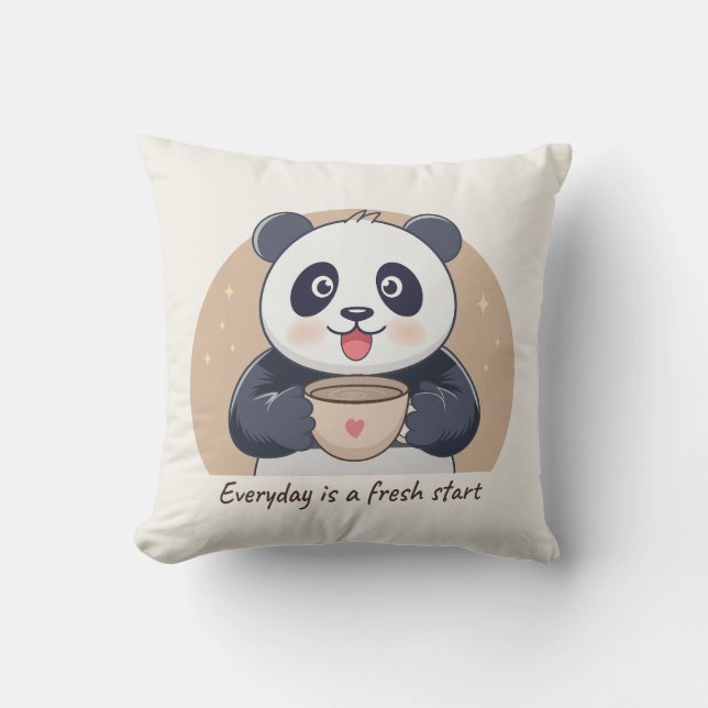 Cute Panda with Coffee Throw Pillow (Front)