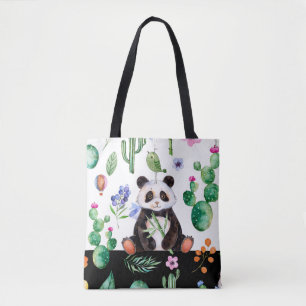 Cute Panda With Green Bird & Cactus Pattern Tote Bag