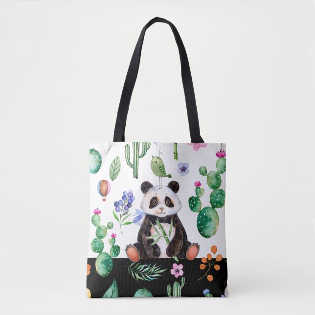 Cute Panda With Green Bird & Cactus Pattern Tote Bag (Front)