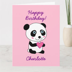 Cute Panda with Heart Kids Birthday Personalized Card