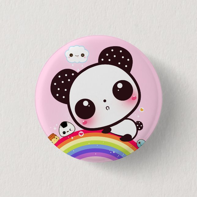 Cute panda with kawaii food on rainbow 1 inch round button (Front)