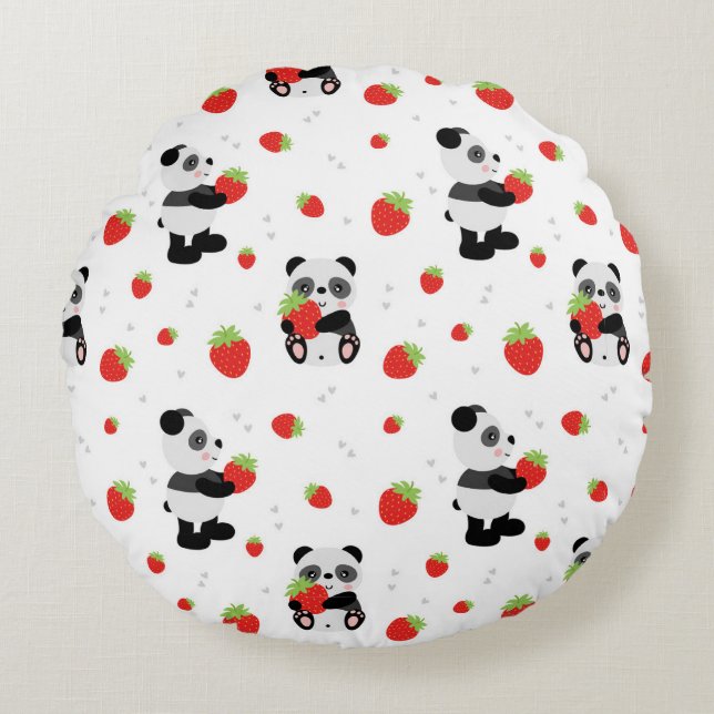 Cute panda with strawberry round pillow (Front)