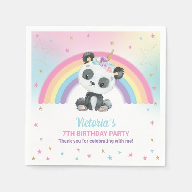 Cute Pandacorn Panda Birthday Party Rainbow Napkin (Front)