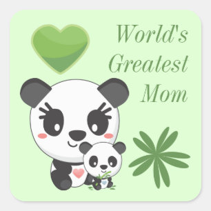 Cute Pandas and Heart World's Greatest Mom Square Sticker