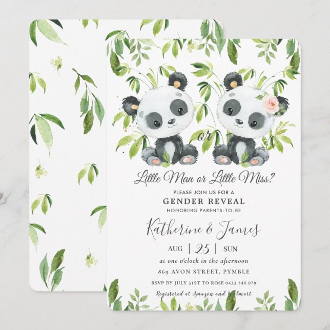Cute Pandas Greenery Gender Reveal Baby Shower   Invitation (Front/Back)
