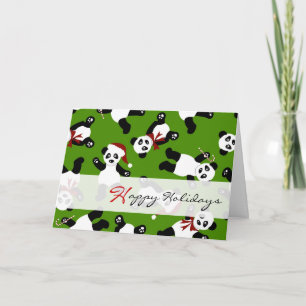 Cute Pandas Happy Holidays Santa Hat Cards - Green