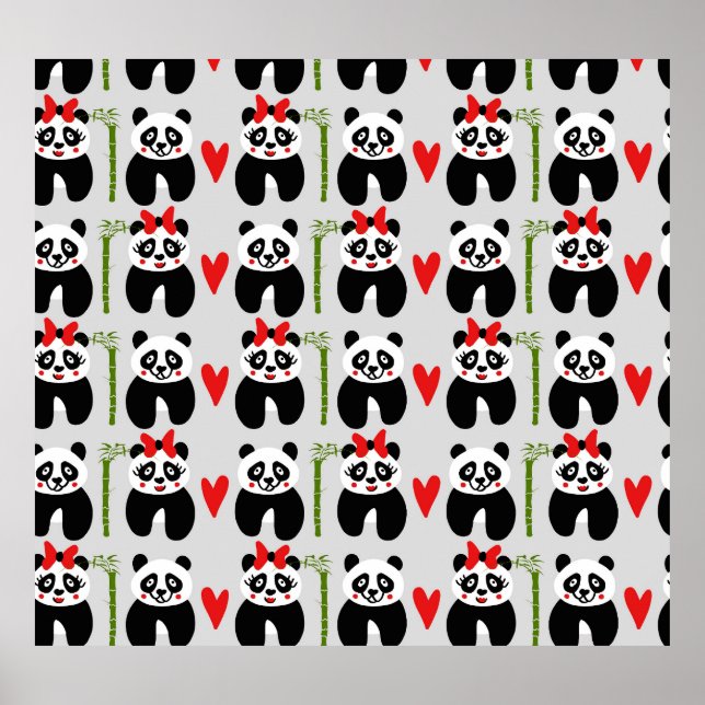 Cute Pandas Hearts: Children's Pattern Poster (Front)