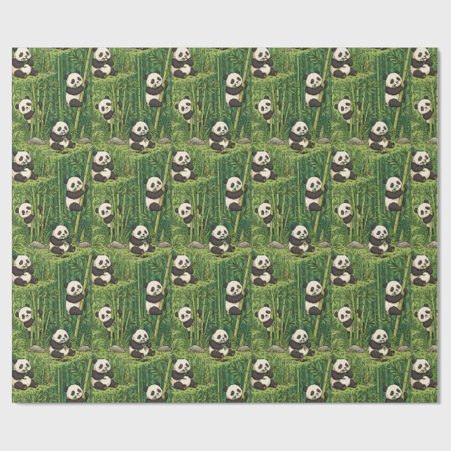 Cute Pandas in Bamboo Forest Pattern Wrapping Paper (Flat)