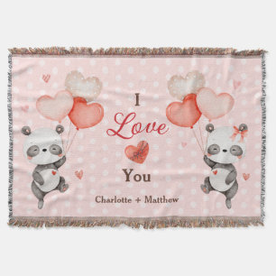 Cute Pandas Love Red Heart Balloons Valentine's Throw Blanket