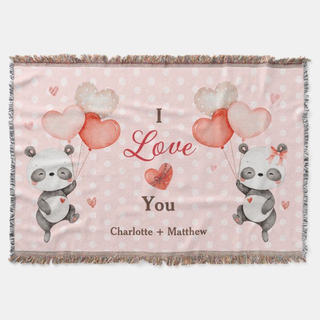 Cute Pandas Love Red Heart Balloons Valentine's Throw Blanket (Front)
