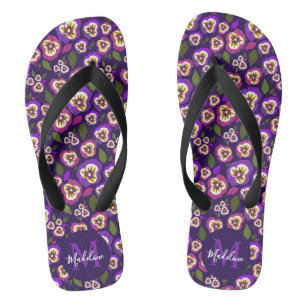Cute Pansies Pattern Purple Monogram Flip Flops