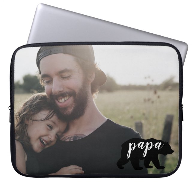 Cute Papa Bear Silhouette with Personalize Photo Laptop Sleeve (Front)