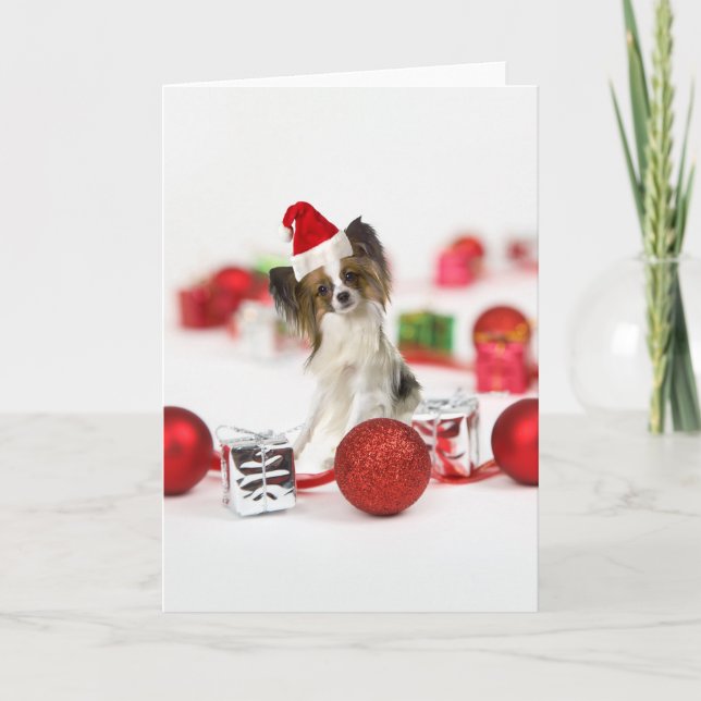 Cute Papillon Dog Christmas Santa Hat Holiday Card (Front)
