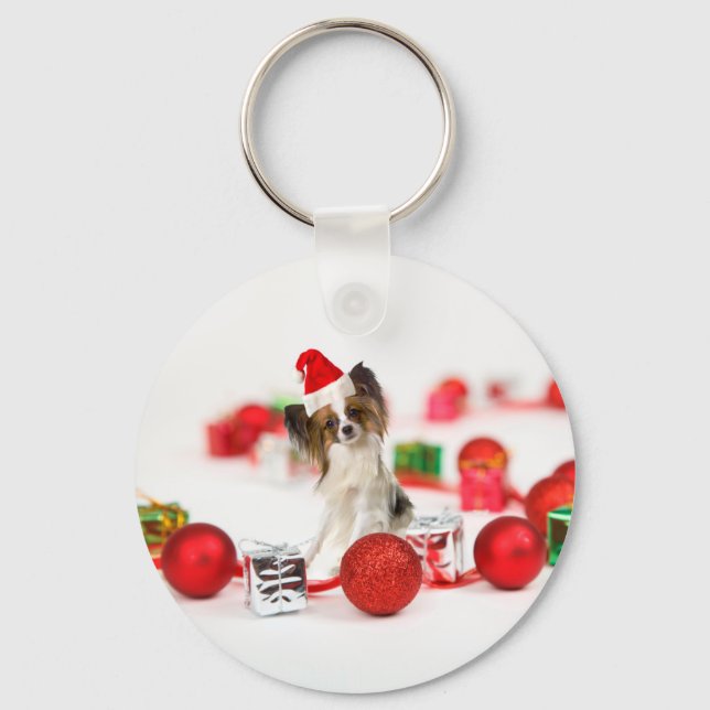 Cute Papillon Dog Christmas Santa Hat Keychain (Front)