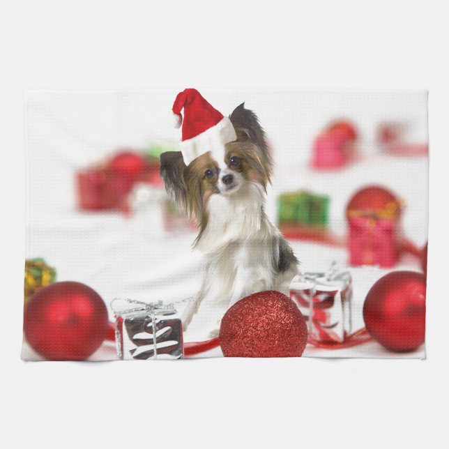 Cute Papillon Dog Christmas Santa Hat Kitchen Towel (Horizontal)