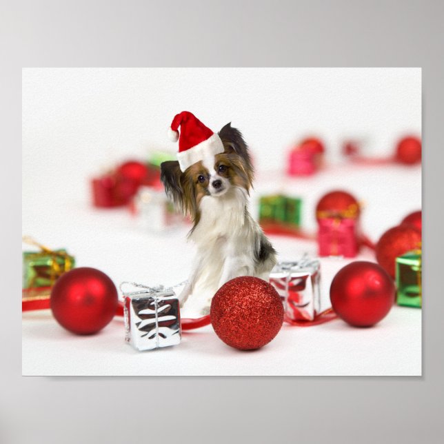 Cute Papillon Dog Christmas Santa Hat Poster (Front)