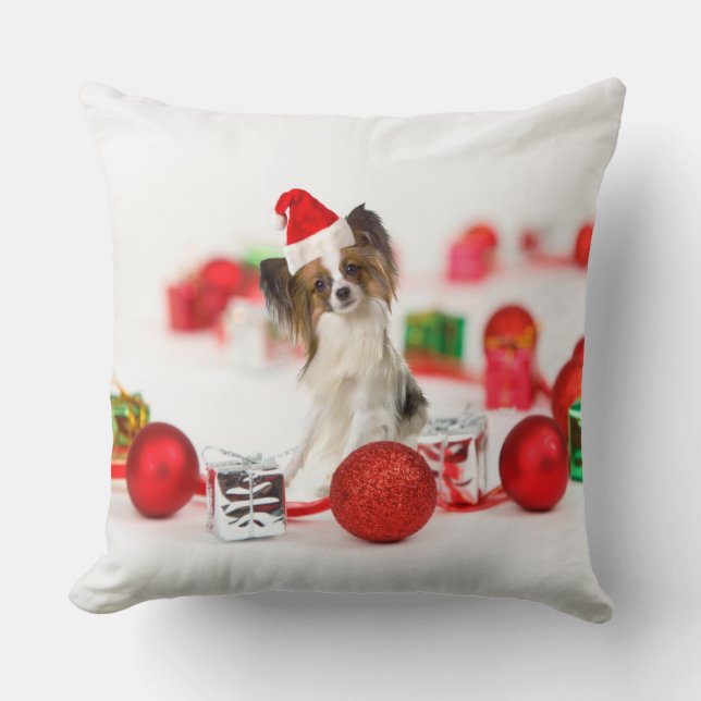 Cute Papillon Dog Christmas Santa Hat Throw Pillow (Front)