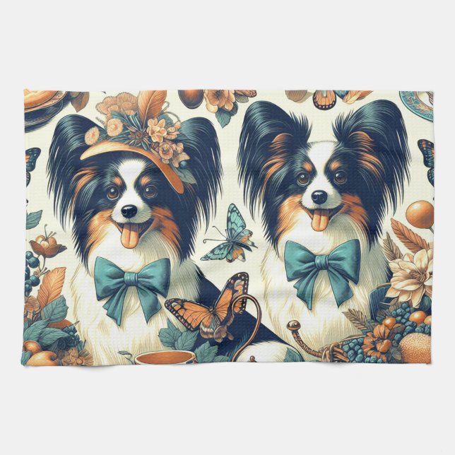 Cute Papillon Dog Illustration Kitchen Towel (Horizontal)