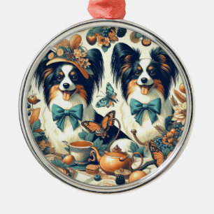 Cute Papillon Dog Illustration Metal Ornament