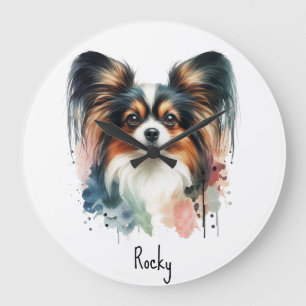 Cute Papillon Dog Watercolor Art Large Clock