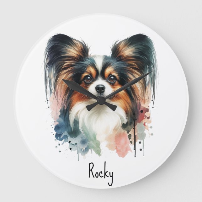 Cute Papillon Dog Watercolor Art  Large Clock (Front)