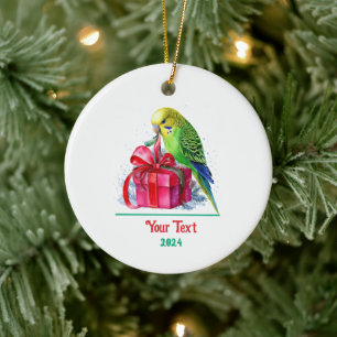 Cute Parakeet and Christmas Gift Ceramic Ornament