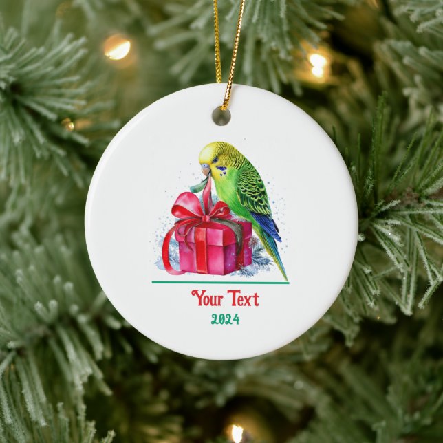Cute Parakeet and Christmas Gift Ceramic Ornament (Tree)