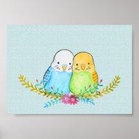 Cute Parakeet Budgies Pet Birds Floral Portrait