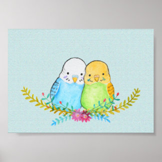 Cute Parakeet Budgies Pet Birds Floral Portrait Poster