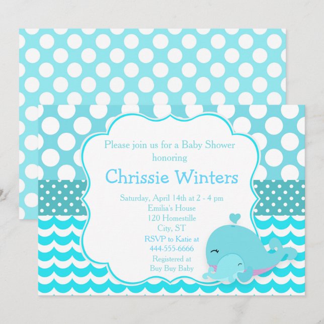 Cute Parent & Baby Whale Blue Boy Baby Shower Invitation (Front/Back)