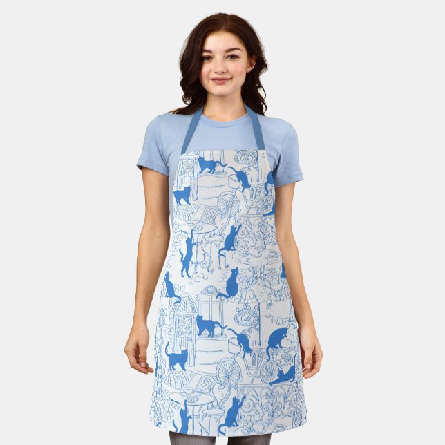 Cute Paris Café Cats On Blue & White Pattern Apron (Worn)