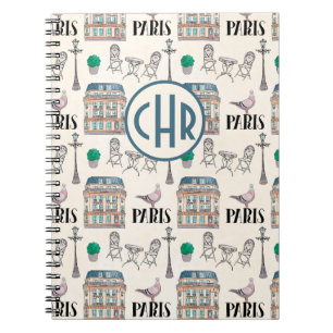 Cute Paris Street Scene   Watercolor Monogram Notebook