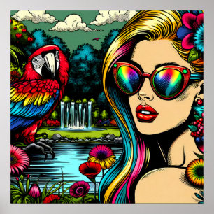 Cute Parrot and Beautiful Woman in Garden Poster