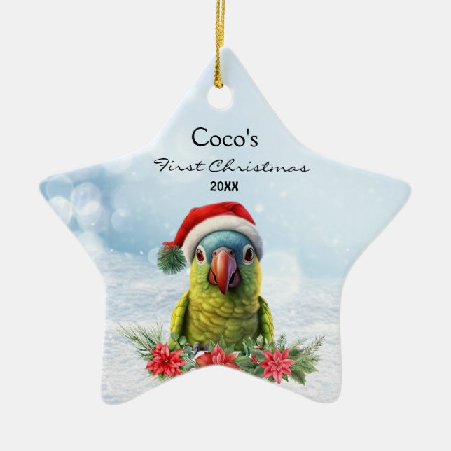 Cute Parrot Macaw in Santa Hat Personalized  Ceramic Ornament (Front)