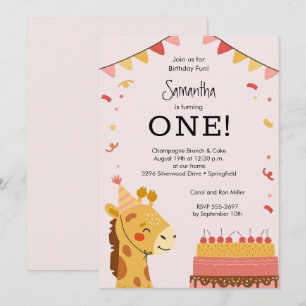 Cute Party Animal Girl 1st Birthday Invitation