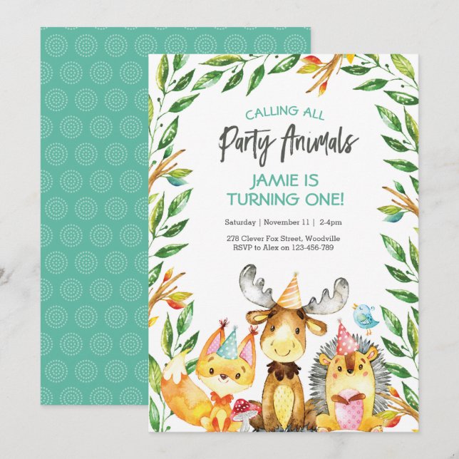 Cute party animals birthday invitation (Front/Back)