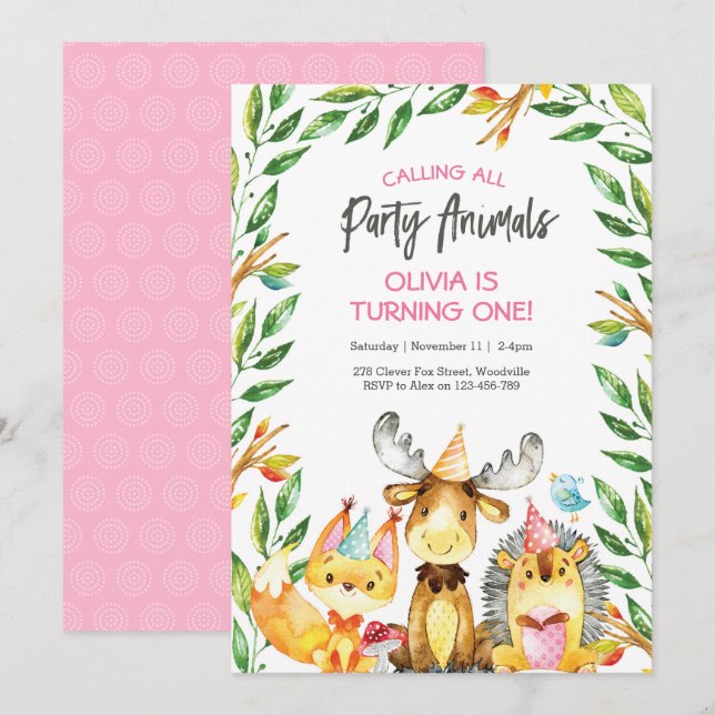 Cute party animals birthday invitation (Front/Back)