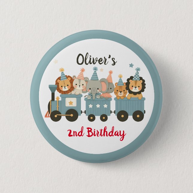Cute Party Animals on Train Personalized 2 Inch Round Button (Front)