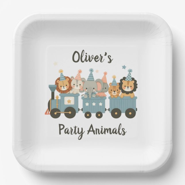 Cute Party Animals on Train Personalized Paper Plate (Front)